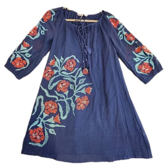 $348 Trina Turk Blue Red Embroidered Bohemian Cotton Shift Dress 8 NWOT 2 Piece - Picture 1 of 9